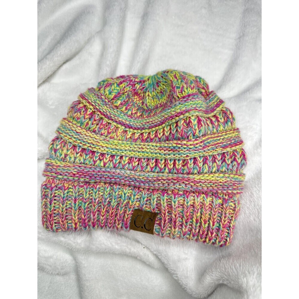 C.C Hat Beanie OS Multicolor Knit Striped Slouchy Womens One Size Logo